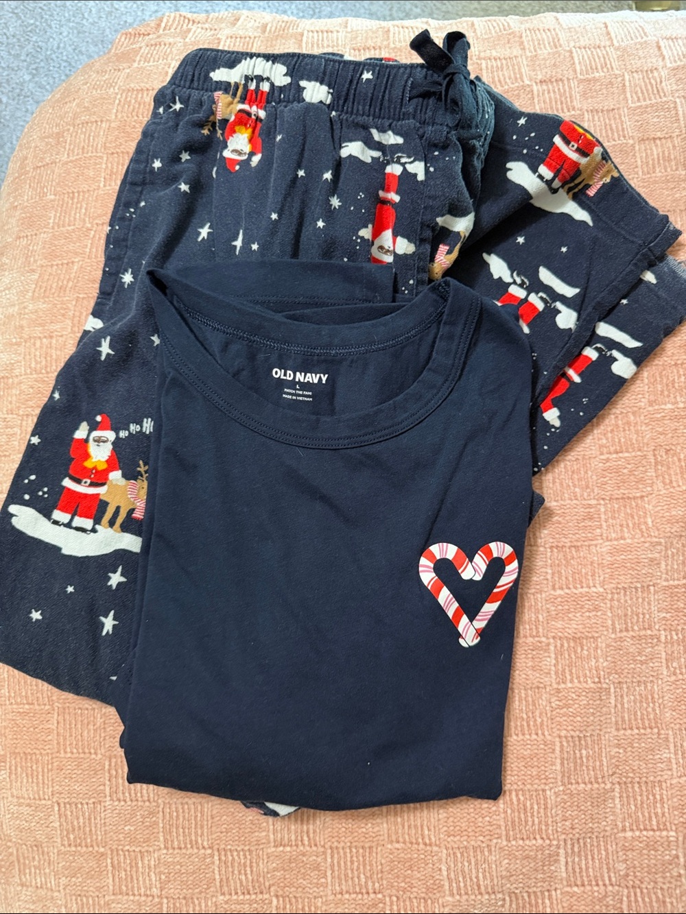 Old Navy Navy Holiday Santa & Candy Cane Heart Pajama Set. M - bottoms . L- top.